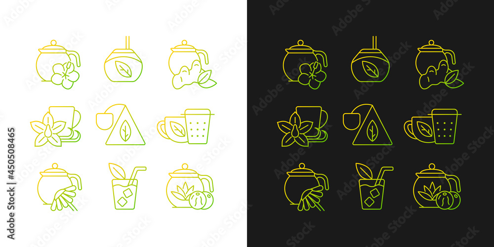 Tea and tea-like beverages gradient icons set for dark and light mode. Hot herbal beverages. Thin line contour symbols bundle. Isolated vector outline illustrations collection on black and white Tea and tea-like beverages gradient icons set for dark and light mode. Hot herbal beverages. Thin line contour symbols bundle. Isolated vector outline illustrations collection on black and white