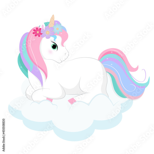 Cute magic cartoon unicorn on cloud. Illustration for children