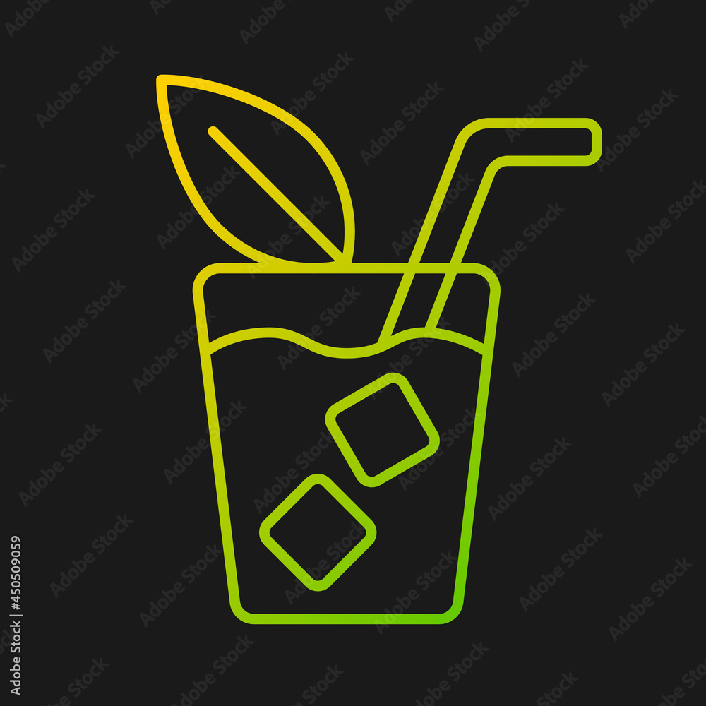 Iced tea gradient vector icon for dark theme. Refreshing drink served in glass. Cold sweet drink. Bottled ice tea. Thin line color symbol. Modern style pictogram. Vector isolated outline drawing Iced tea gradient vector icon for dark theme. Refreshing drink served in glass. Cold sweet drink. Bottled ice tea. Thin line color symbol. Modern style pictogram. Vector isolated outline drawing