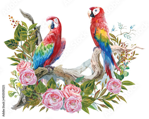 Watercolor painting of a pair of colorful parrots on curved branches decorated with retro-style leaves, branches and flowers. 