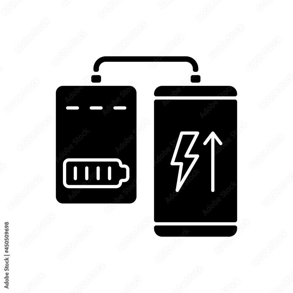 Powerbank for mobile phone black glyph manual label icon. Connect device to charger. Phone charging. Silhouette symbol on white space. Vector isolated illustration for product use instructions Powerbank for mobile phone black glyph manual label icon. Connect device to charger. Phone charging. Silhouette symbol on white space. Vector isolated illustration for product use instructions