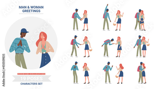 People greetings in different poses set vector illustration. Cartoon two young happy woman man characters say hello, meeting with handshake gesture and respect, posing, waving hand isolated on white