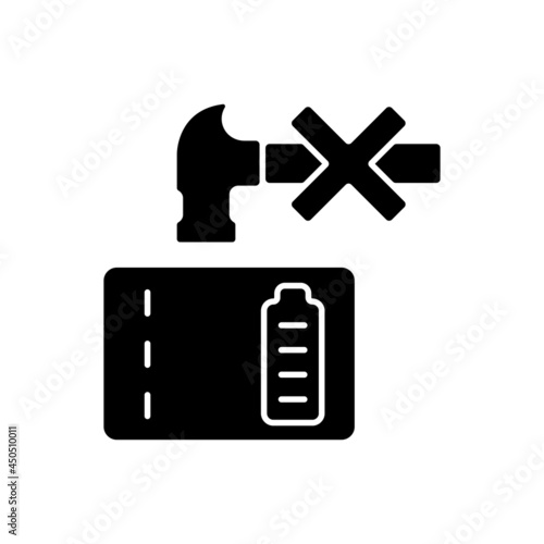 Dont crush powerbank black glyph manual label icon. Decreasing battery life. Inadequate battery disposal. Silhouette symbol on white space. Vector isolated illustration for product use instructions