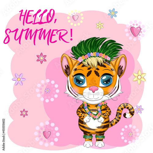 Cartoon tiger hula dancer. Hawaii  Vacation  Sea  Vacation. Summer is coming. Children s style  sweetheart. Symbol of 2022