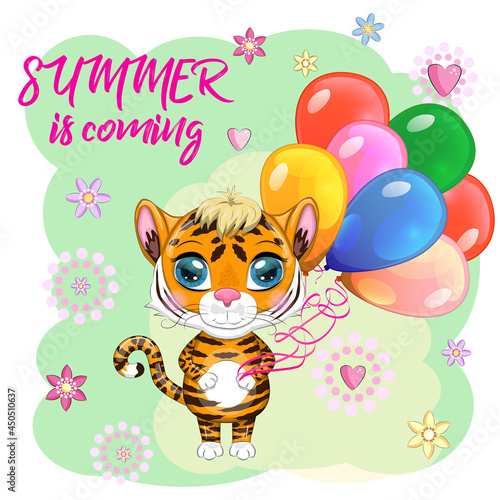 Cute cartoon tiger with beautiful eyes with balloons, greeting card. Chinese New Year 2022, Christmas Year of the Tiger