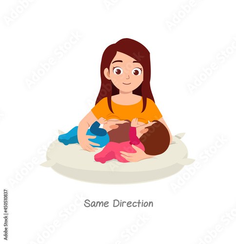 mother breastfeeding twin baby with pose named same direction