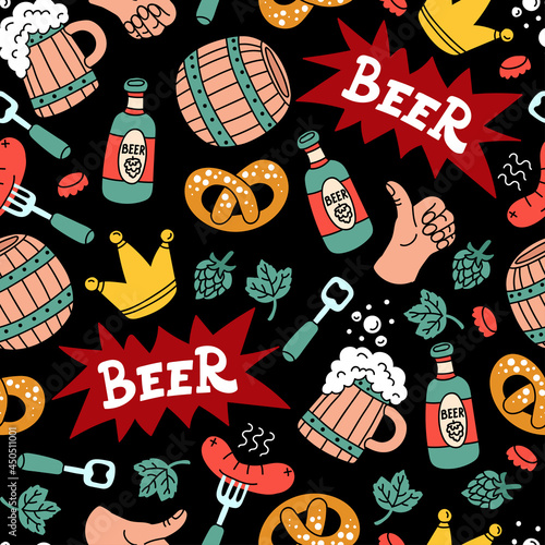 Vector seanless pattern on the theme of beer, alcohol, drink. Cartoon background with food, sausage, mugs, barells for use in design