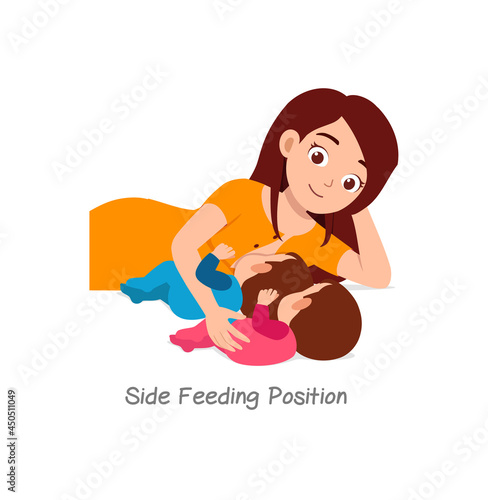 mother breastfeeding twin baby with pose named side position