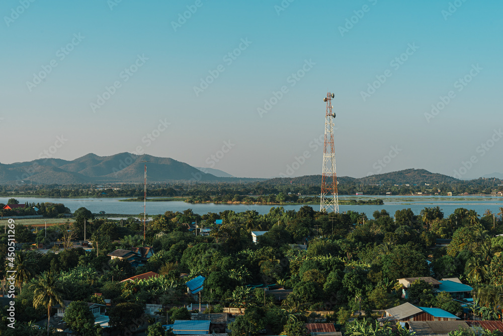 Landscape view of the radio tower at the village from Kanchanaburi, Thailand