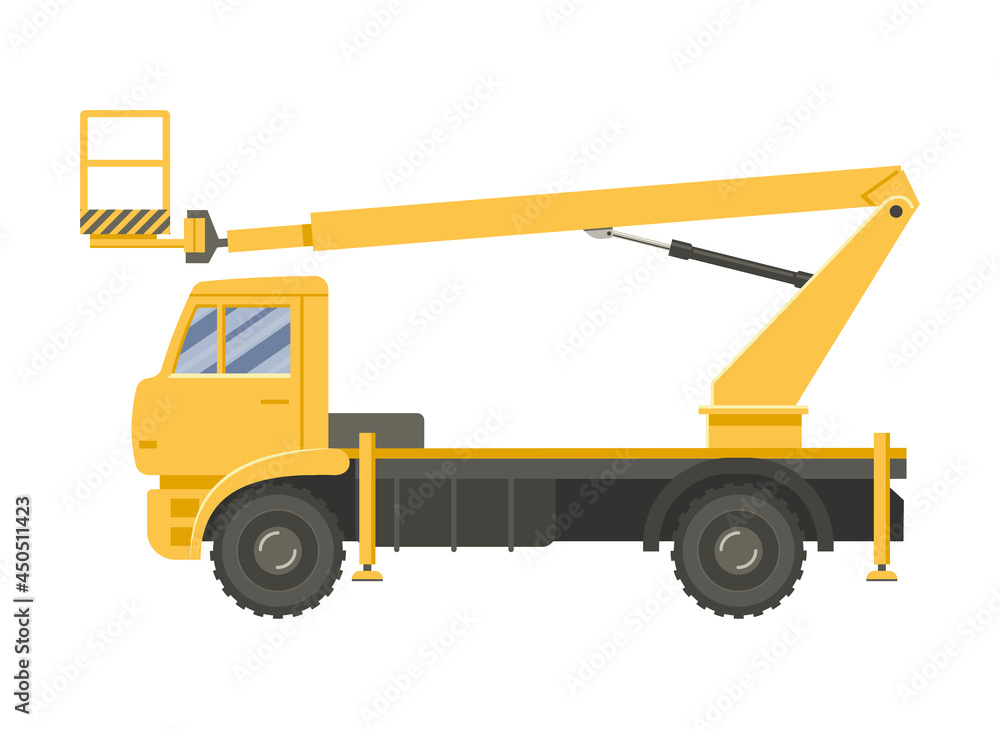 Yellow elevated work platform side view. Vector flat design illustration.