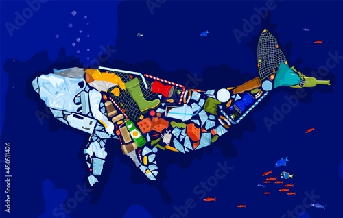 Save the ocean. Different waste polluting sea and beach.