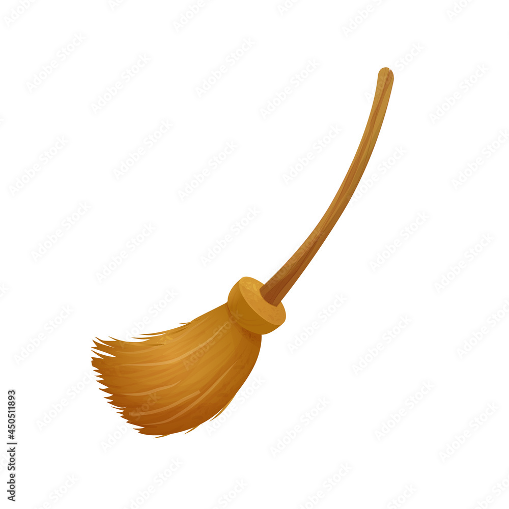 Witch Broom, magic tool in cartoon style isolated on white background. Wizard handle equipment. Ui game asset, detailed and textured with wooden stick. Witch Broom, magic tool in cartoon style isolated on white background. Wizard handle equipment. Ui game asset, detailed and textured with wooden stick.