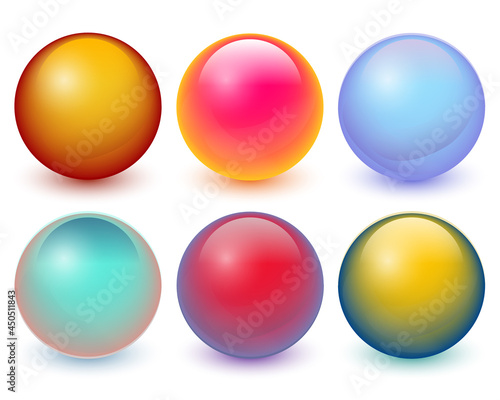 Vector balls 3d set of colorful circles. Modern spheres collection with beautiful gradient, glares and shadow on transparent background