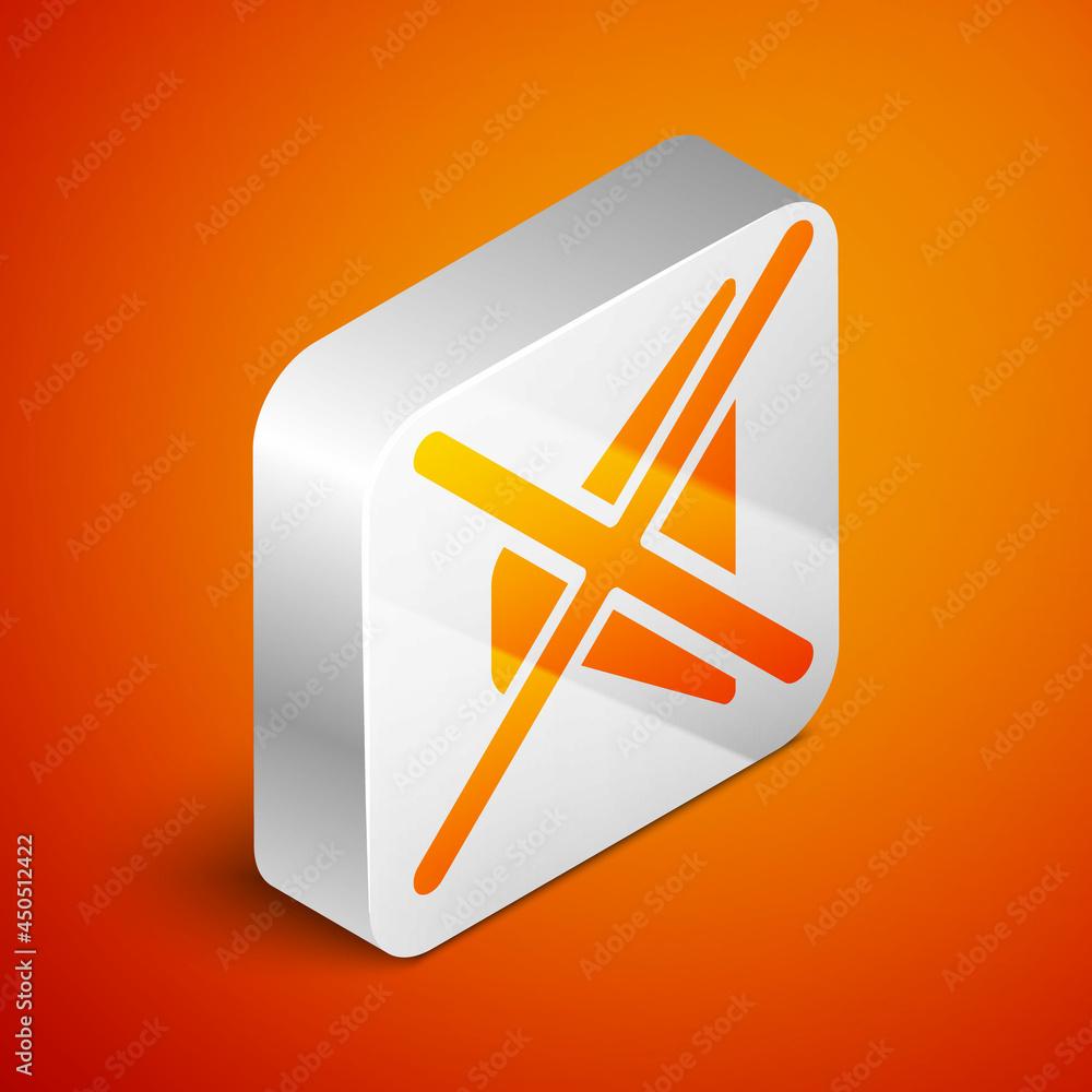 Fototapeta premium Isometric Speaker mute icon isolated on orange background. No sound icon. Volume Off symbol. Silver square button. Vector