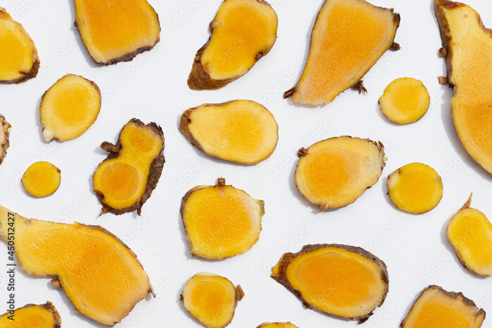 Phlai slices, Cassumumr ginger or zingiber montanum on white background. Phlai slices, Cassumumr ginger or zingiber montanum on white background.