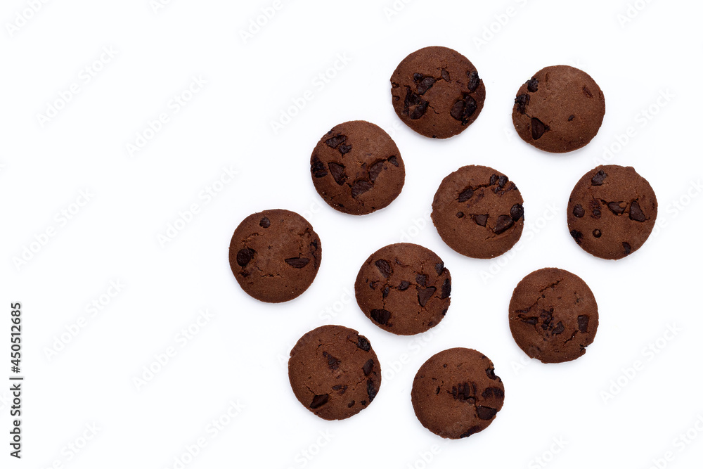 Fototapeta premium Chocolate chip cookies on white background.