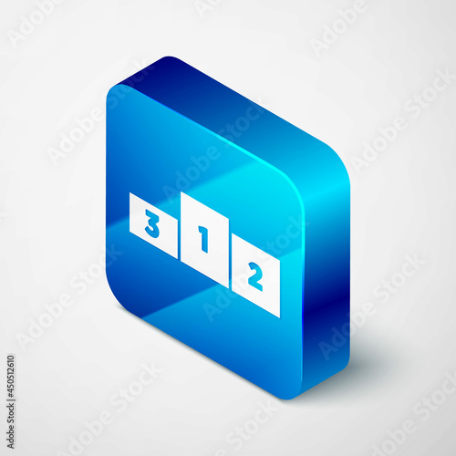 Isometric Business podium icon isolated on grey background. Employee nomination sign. Person award symbol. Blue square button. Vector