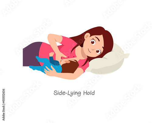 mother breastfeeding baby with pose named side lying hold