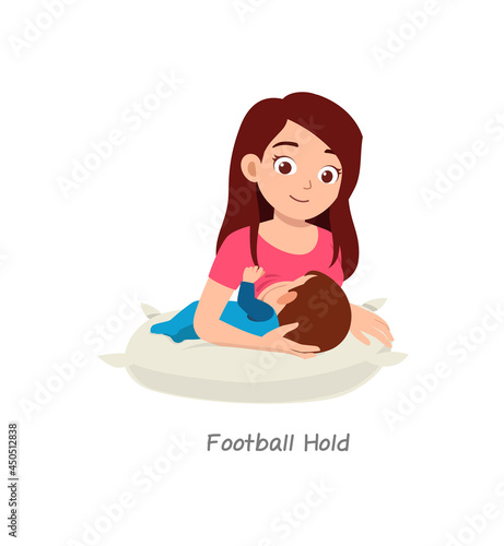 mother breastfeeding baby with pose named football hold