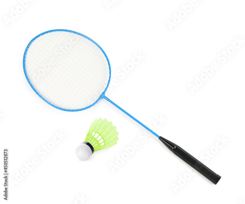 Badminton racket and shuttlecock on white background. Sports equipment