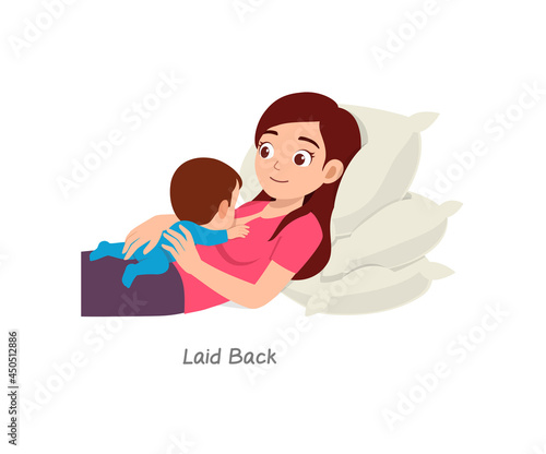 mother breastfeeding baby with pose named laid back