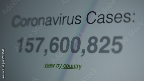 Coronavirus pandemic statistics on screen. Number of Covid 19 cases rising. Map data showing increasing numbers of Corona virus pandemic infected cases. international statistics. Health care concept.  photo