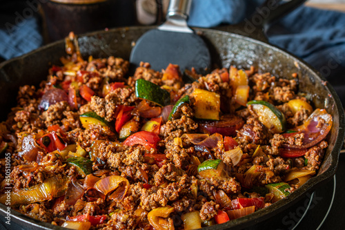 Photography Ground beef pan with vegetables