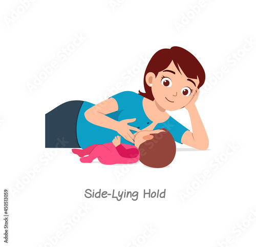 mother breastfeeding baby with pose named side lying hold