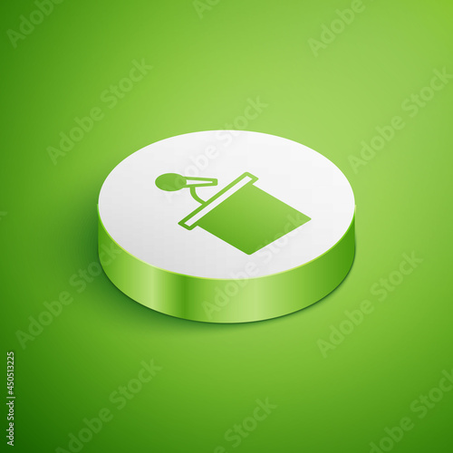 Isometric Stage stand or debate podium rostrum icon isolated on green background. Conference speech tribune. White circle button. Vector