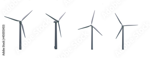 Wind turbines isolated on white background. 3D Rendering.
