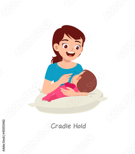 mother breastfeeding baby with pose named cradle hold