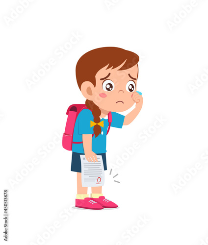 cute little girl feel sad because get bad grade from exam