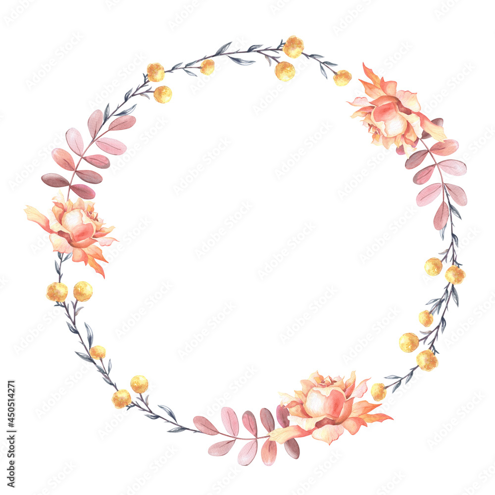 Obraz premium Watercolor tea rose with leaves. Watercolour floral wreath.Template with space for text.