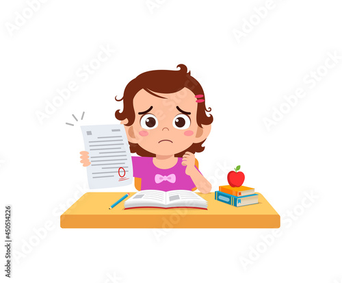 cute little girl feel sad because get bad grade from exam