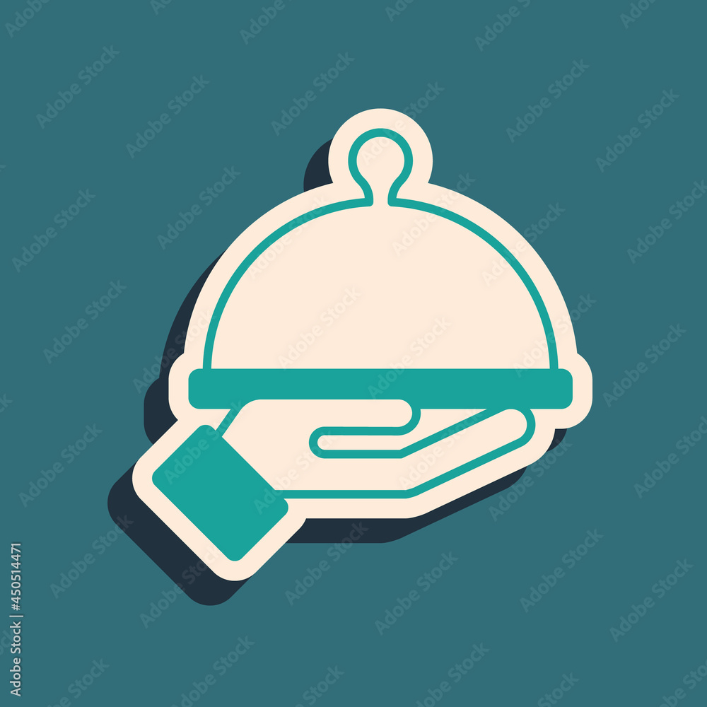 Green Covered with a tray of food icon isolated on green background. Tray and lid sign. Restaurant cloche with lid. Long shadow style. Vector Green Covered with a tray of food icon isolated on green background. Tray and lid sign. Restaurant cloche with lid. Long shadow style. Vector
