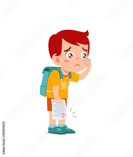 cute little boy feel sad because get bad grade from exam