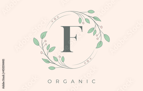 Organic F Letter Logo. Floral Bio and Beauty Retro Logo.