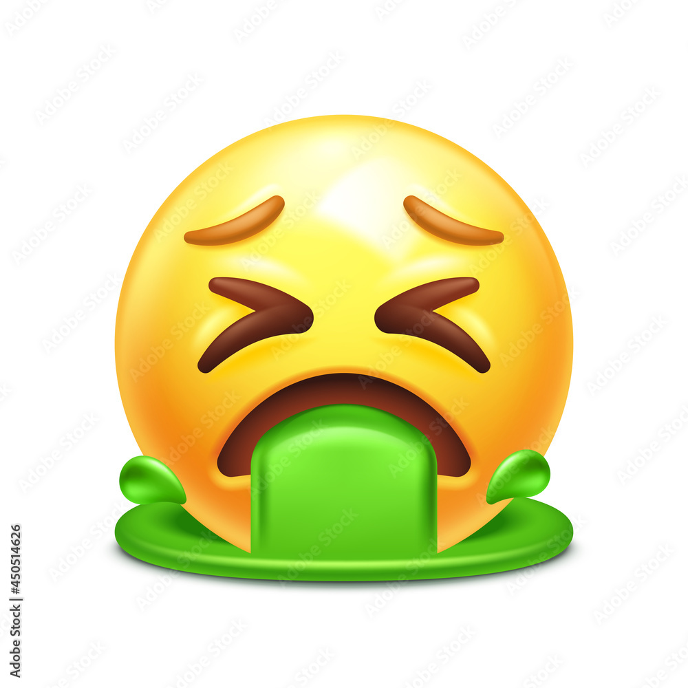 Vomiting emoji. Emoticon throwing up, yellow face with Xshaped eyes