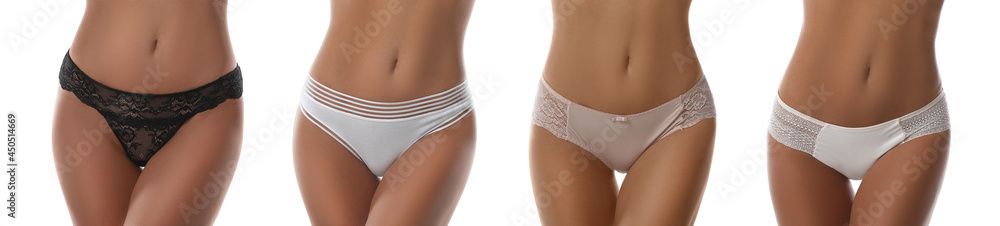 Collage with photos of women wearing panties on white background, closeup. Banner design - obrazy, fototapety, plakaty 