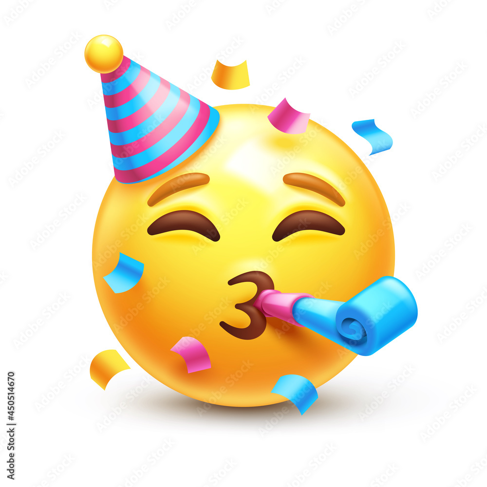 Partying emoji. Emoticon with party horn and hat, celebrating 3D stylized vector icon - obrazy, fototapety, plakaty 