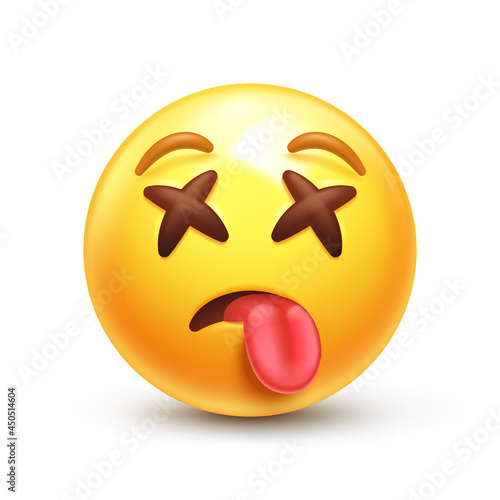 Dizzy emoji. Dead emoticon, yellow face with X Cross eyes and tongue out 3D stylized vector icon