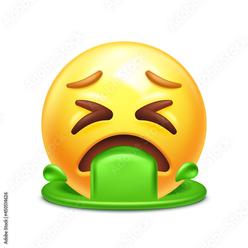 Vomiting emoji. Emoticon throwing up, yellow face with X-shaped eyes spewing green vomit 3D stylized vector icon