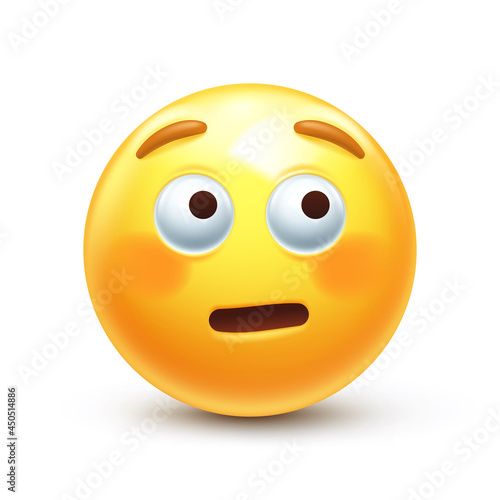 Flushed emoji looks away. Embarrassed emoticon looking away with big eyes 3D stylized vector icon