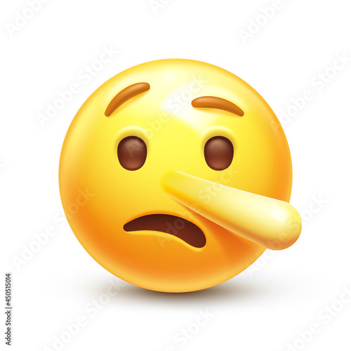 Liar emoji. Pinocchio emoticon with long nose, lying yellow face 3D stylized vector icon