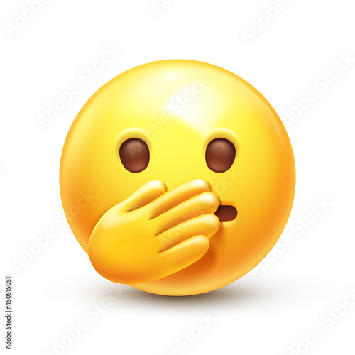 Emoji with hand over mouth. Oops or Oh my emoticon, yellow face with simple dots eyes and hand covering mouth 3D stylized vector icon