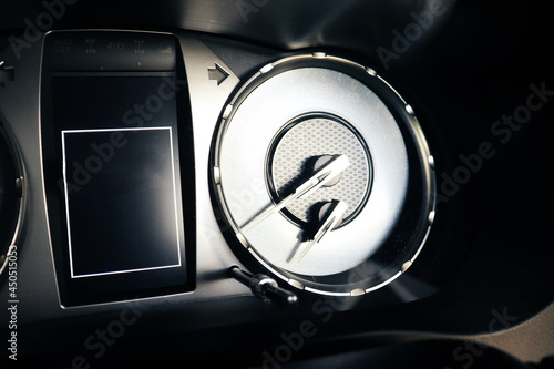 Close Up dashboard of mileage car. Passenger car speedometer with moving indicators. photo