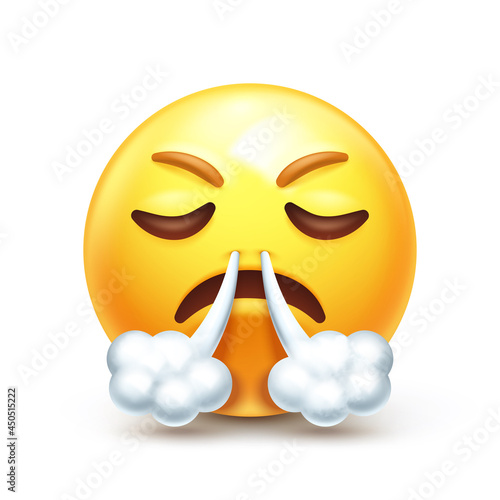 Steam puffs from nose emoji. Angry huffing emoticon 3D stylized vector icon photo