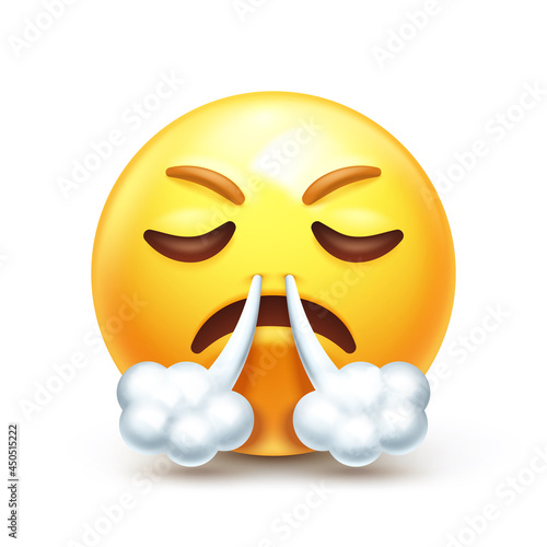 Steam puffs from nose emoji. Angry huffing emoticon 3D stylized vector icon