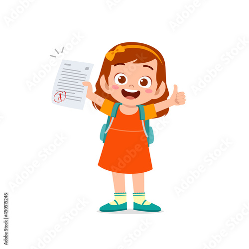 cute little boy feel happy because get good grade from exam