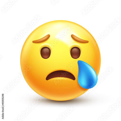 Crying emoji. Sad emoticon face with tear drop 3D stylized vector icon